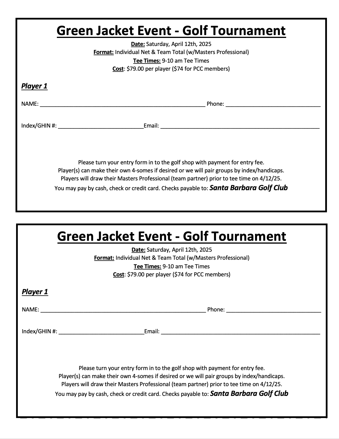 Masters Golf Tournament Registration Sheet